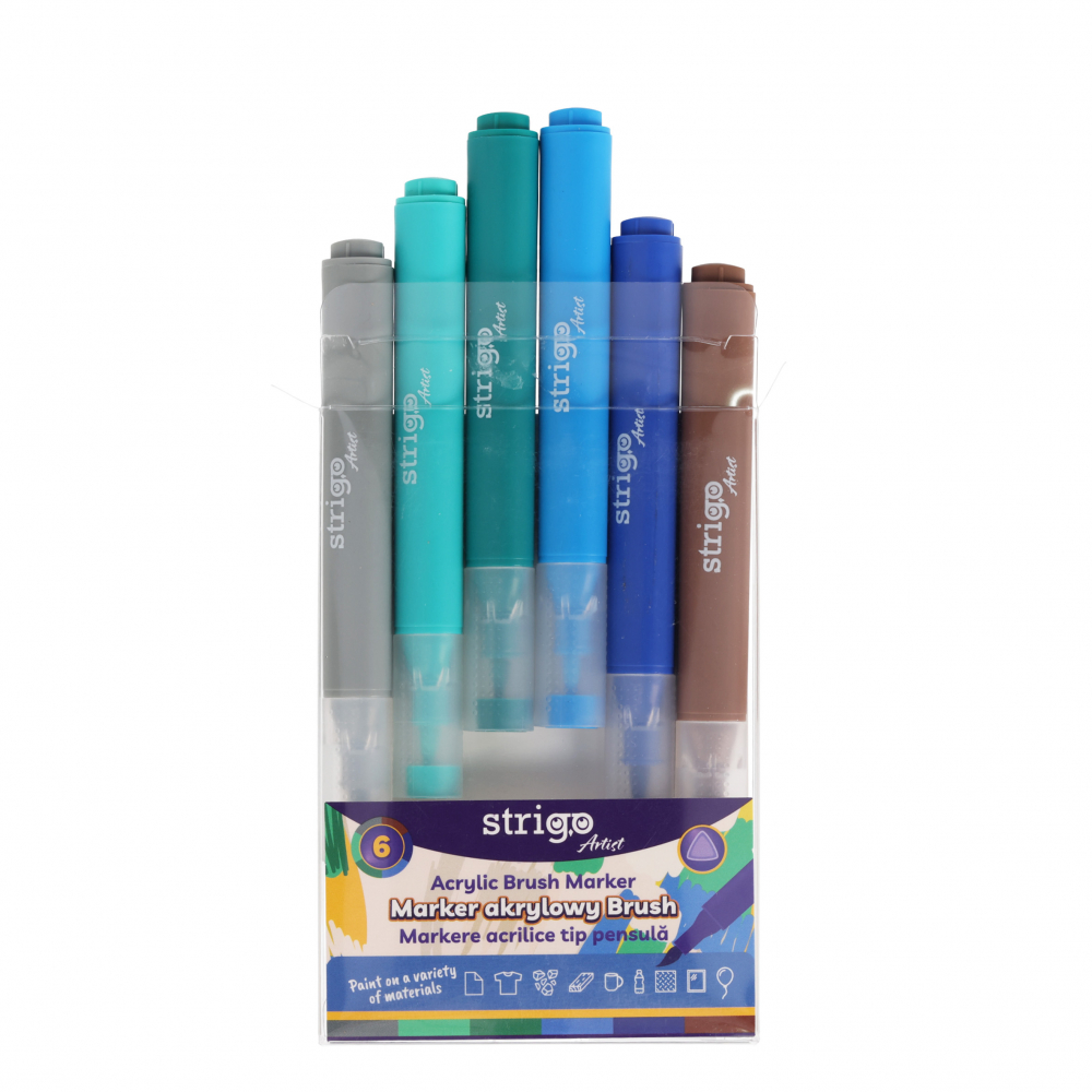 Markere acrilice Strigo – Set 6 culori, vârf tip pensulă [2]