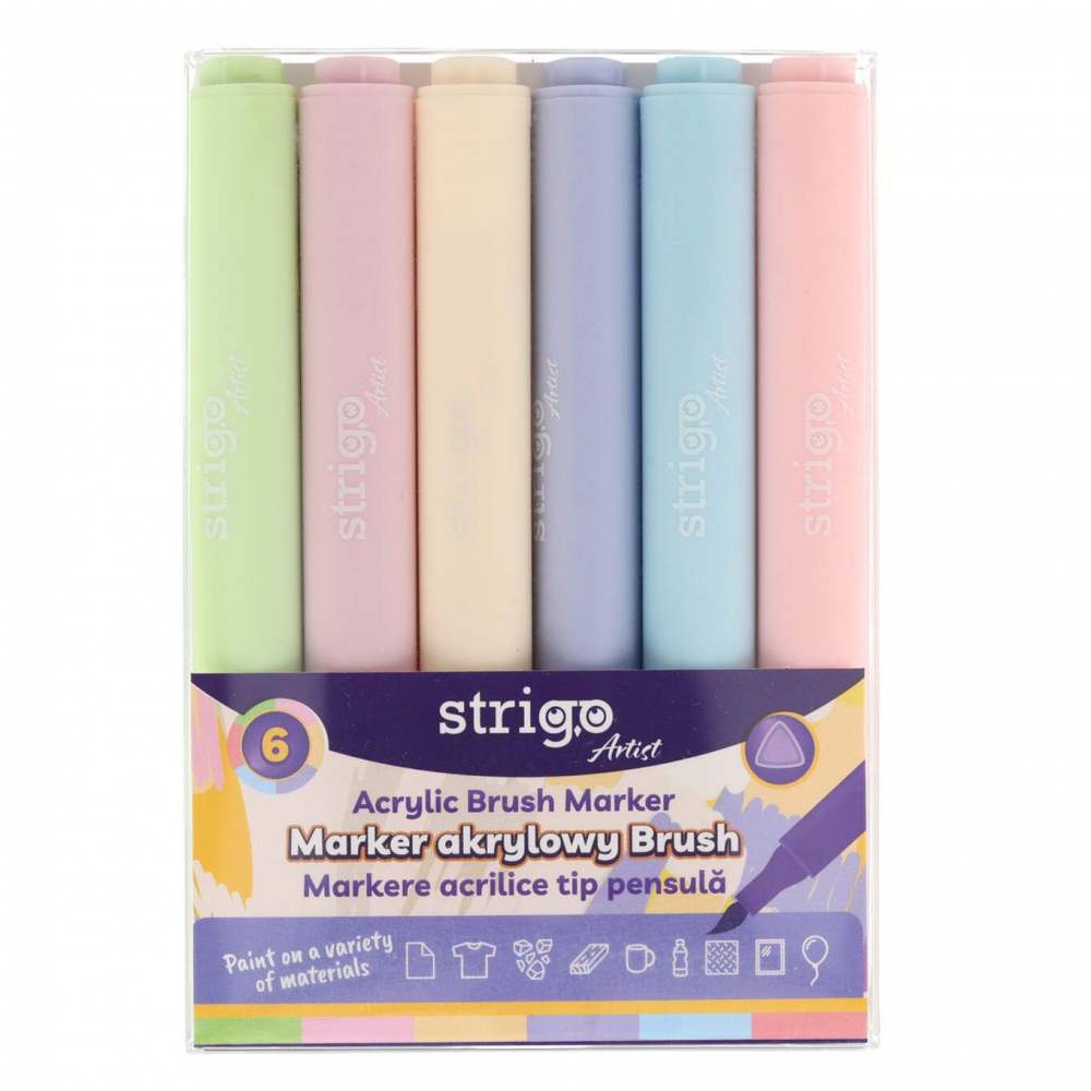 Markere acrilice Strigo ,   6 culori pastelate, varf pensula