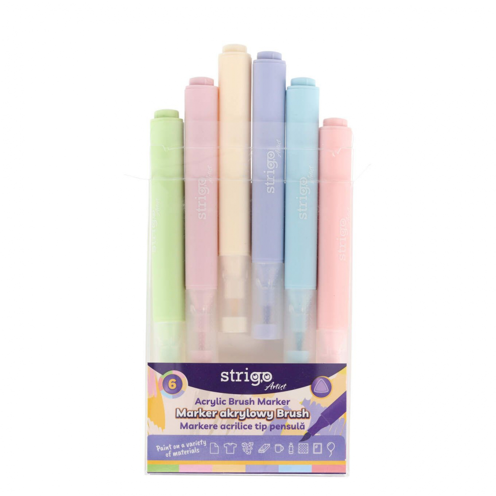 Markere acrilice Strigo – 6 culori pastelate, vârf pensulă [2]