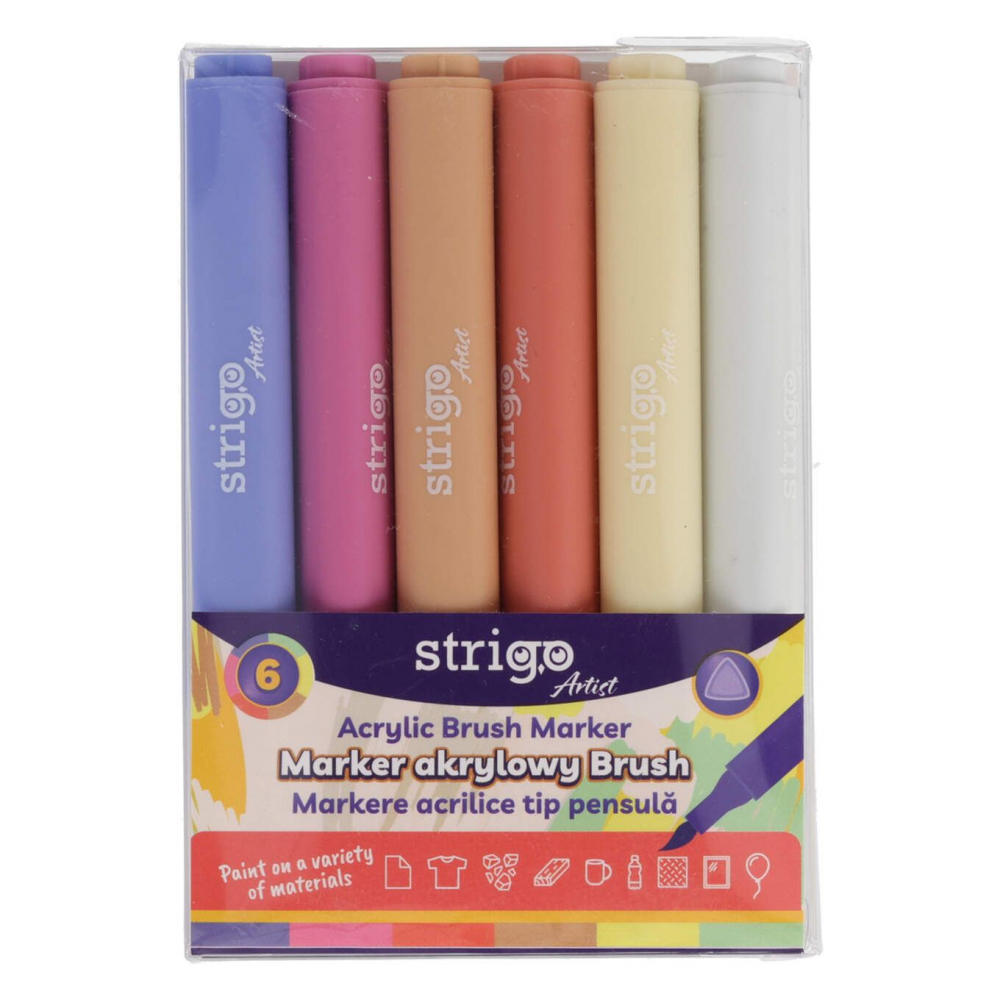 Markere acrilice Strigo ,   Set 6 culori, varf tip pensula