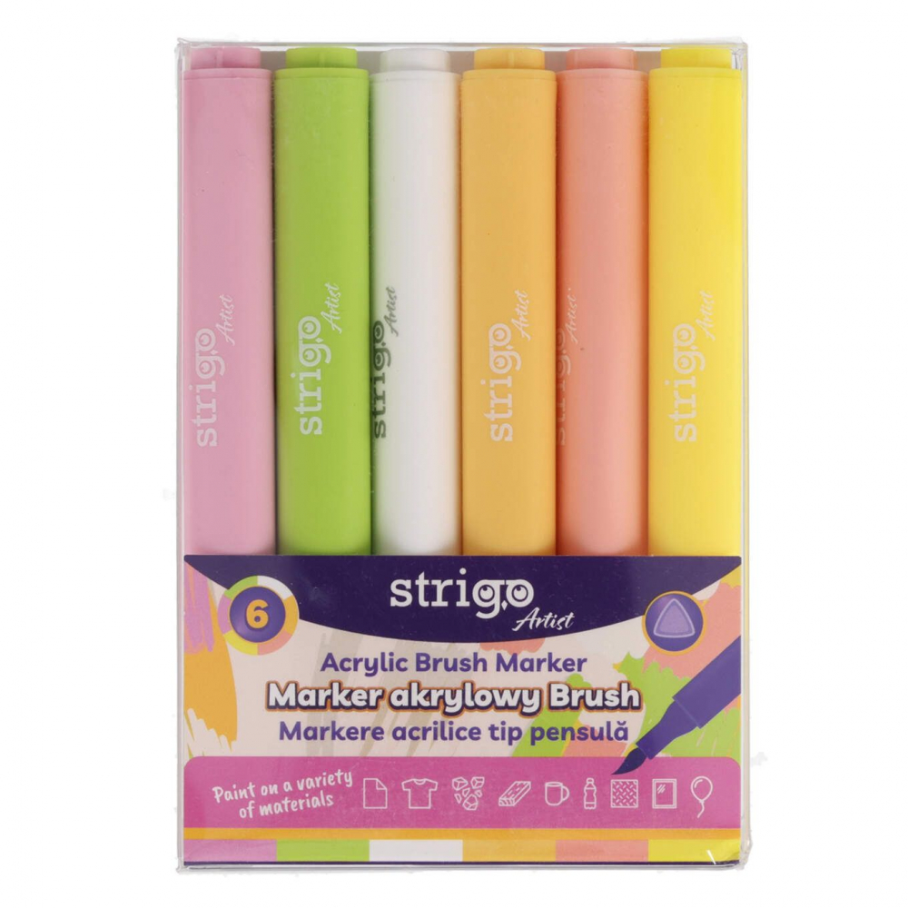 Markere acrilice Strigo ,   6 culori deschise, varf pensula