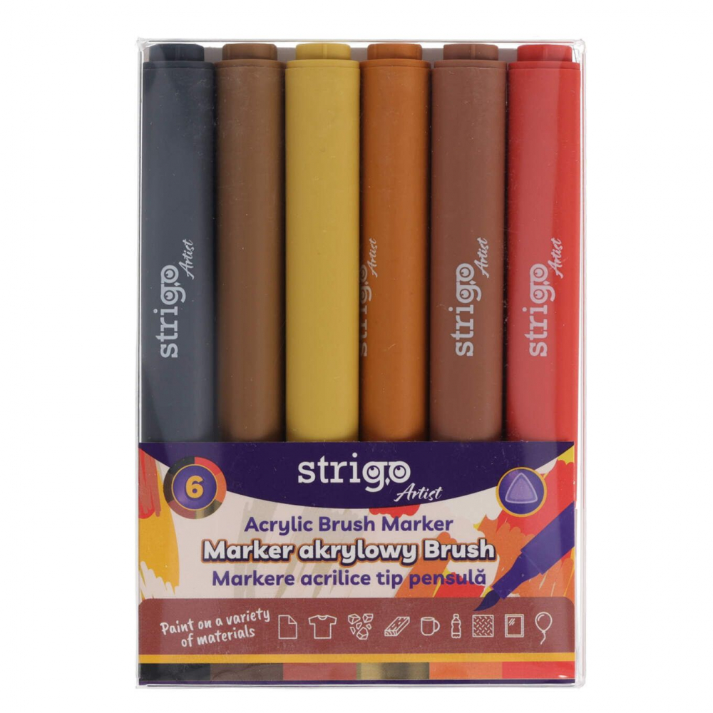 Markere acrilice Strigo, 6 culori – vârf tip pensulă [1]