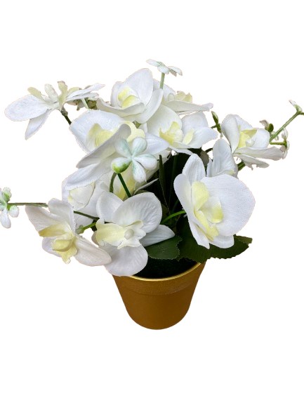 Orhidee alba artificial decorativa in ghiveci auriu din plastic, 8x25 cm [2]