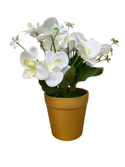 Orhidee alba artificial decorativa in ghiveci auriu din plastic, 8x25 cm [1]