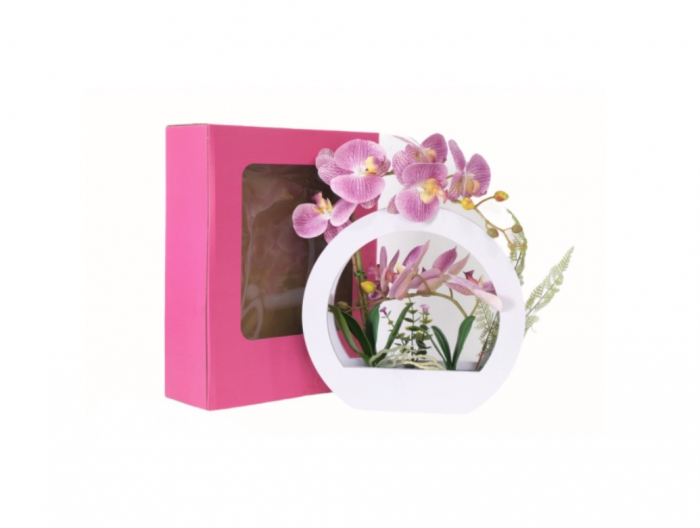 Orhidee artificiala decorativa in ghiveci din lemn [2]