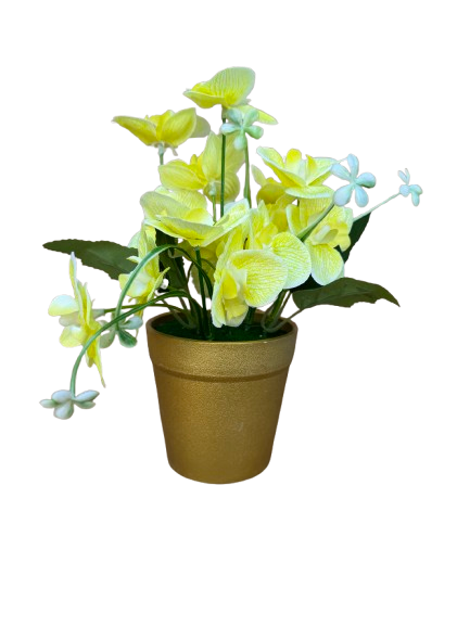Orhidee galbena artificial decorativa in ghiveci auriu din plastic, 8x25 cm [1]