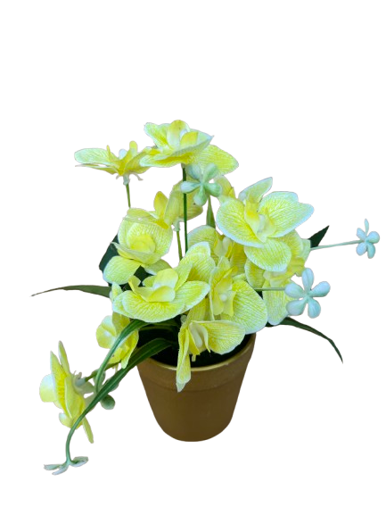 Orhidee galbena artificial decorativa in ghiveci auriu din plastic, 8x25 cm [2]