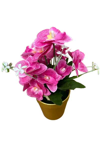 Orhidee roz artificial decorativa in ghiveci auriu din plastic, 8x25 cm [2]