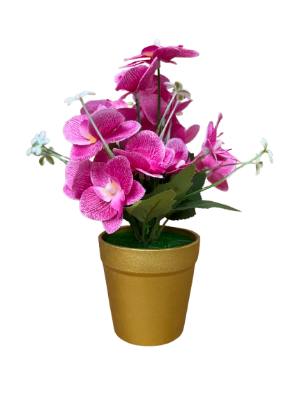 Orhidee roz artificial decorativa in ghiveci auriu din plastic, 8x25 cm [1]