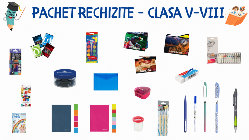 Pachet necesar rechizite Clasele V-VIII ,   Set complet pentru gimnaziu, 28 articole