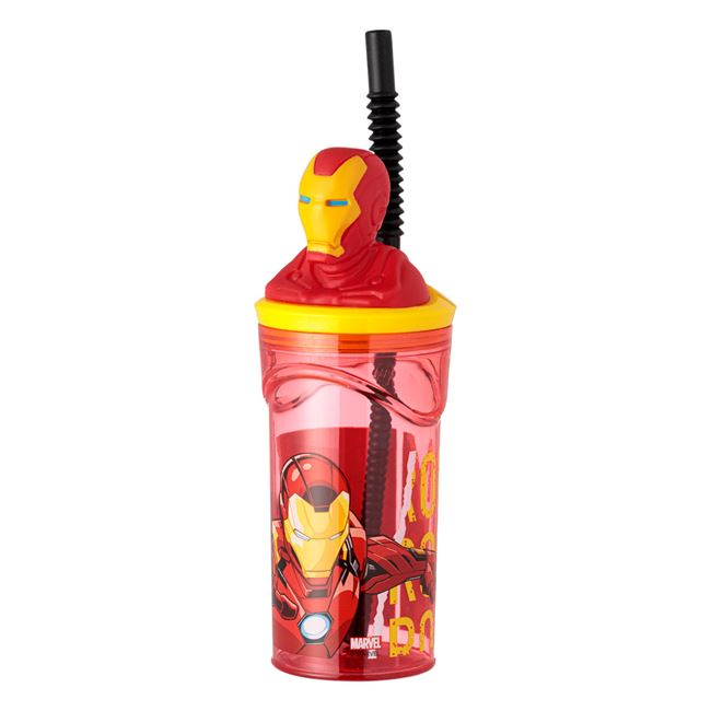 Pahar cu capac si pai pentru bauturi,Iron Men 3D,plastic,rosu,360 ml