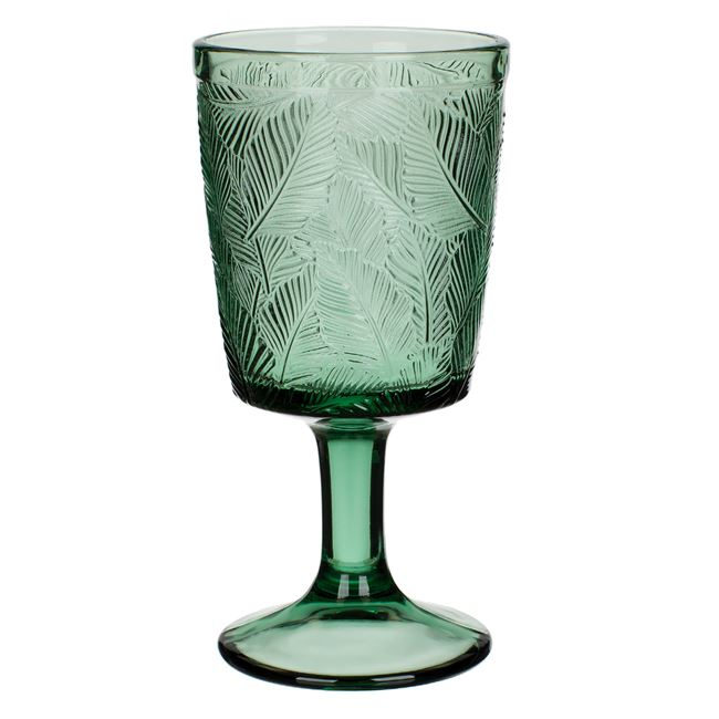 Oem Pahar cu picior pentru bauturi,frunze in relief,sticla,verde,320 ml