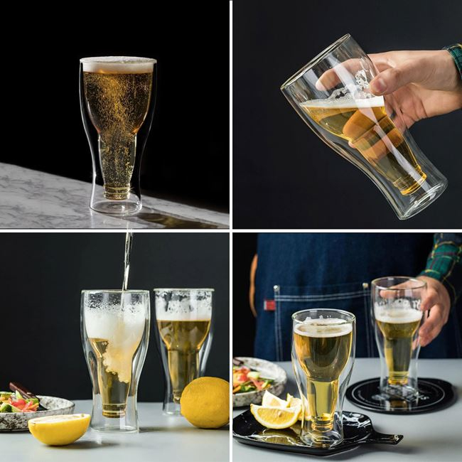 Pahar pentru bere din sticlă transparentă cu perete dublu și model sticlă de bere,400 ml [2]