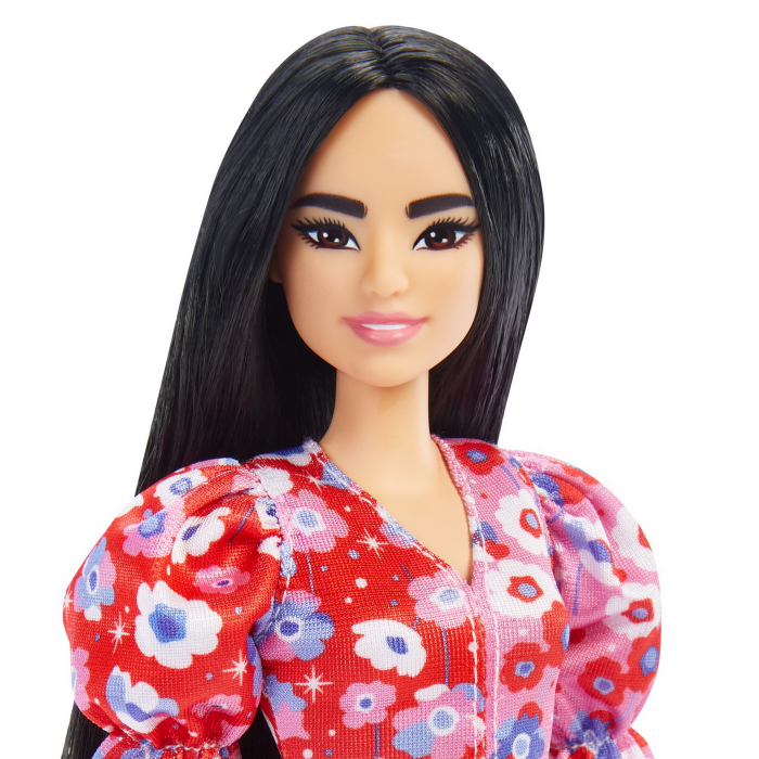 Papusa barbie fashionista bruneta cu rochie rosie cu flori [3]