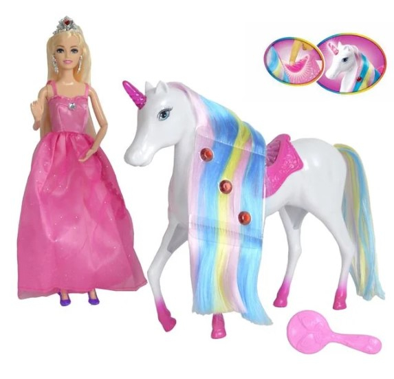 Papusa printesa in rochie lunga roz si coroana argintie in par si un unicorn alb cu o coama lunga in culorile curcubeului cu sa si corn cu lumina [6]