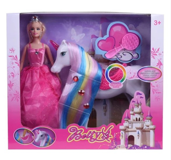 Papusa printesa in rochie lunga roz si coroana argintie in par si un unicorn alb cu o coama lunga in culorile curcubeului cu sa si corn cu lumina [4]