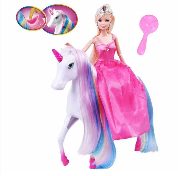 Papusa printesa in rochie lunga roz si coroana argintie in par si un unicorn alb cu o coama lunga in culorile curcubeului cu sa si corn cu lumina [2]