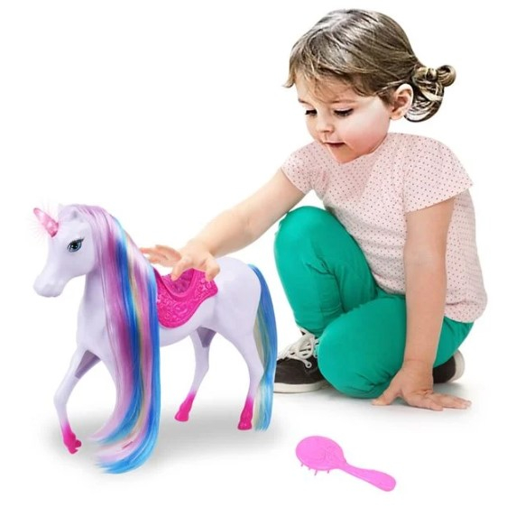 Papusa printesa in rochie lunga roz si coroana argintie in par si un unicorn alb cu o coama lunga in culorile curcubeului cu sa si corn cu lumina [3]