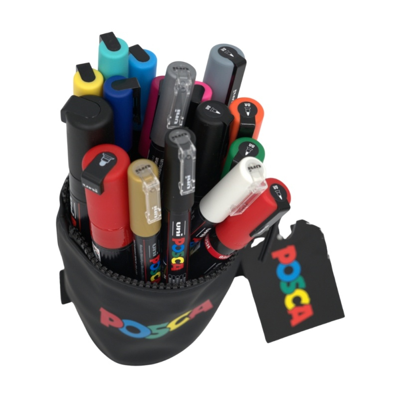 Penar echipat UNI Posca Stand UP, cilindric, negru – 18 markere incluse [2]