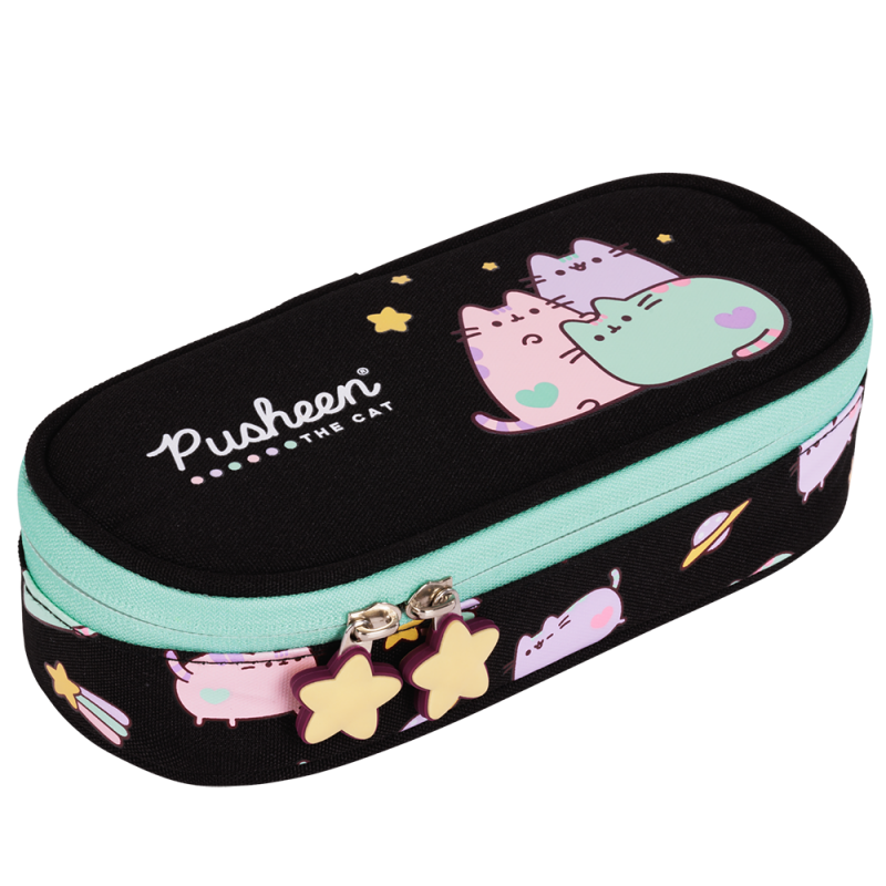 Penar neechipat Pusheen, 1compartiment, 1 extensie, negru cu verde pastel,23x11x6 cm [1]