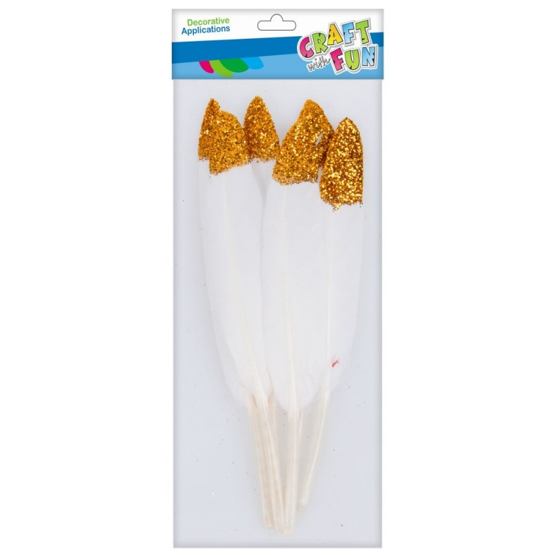 Pene albe cu varf auriu glitter pentru activitati crafts 12 15 cm,6 bucati set