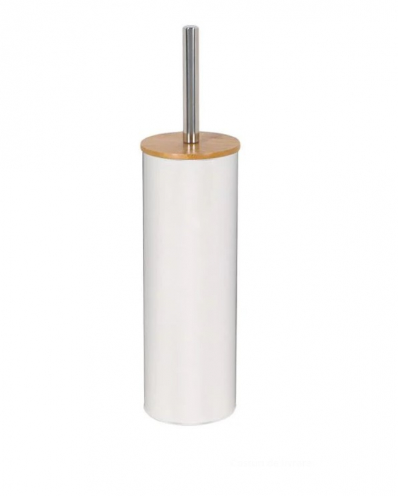Perie wc cu suport, metal si bambus,alb, 9x38cm