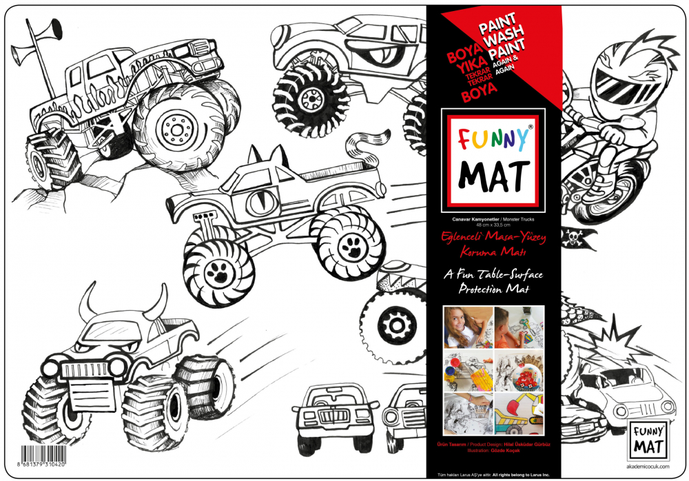 Plansa reutilizabila Funny Mat pentru colorat model Masini Monster,48x33.5 cm
