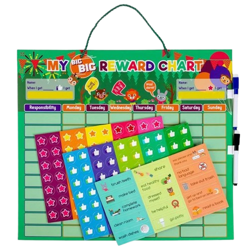 Plansa magnetica cu recompense saptamanale si activitati pentru copii in limba engleza, 44x39 cm, pentru 1-2 copii