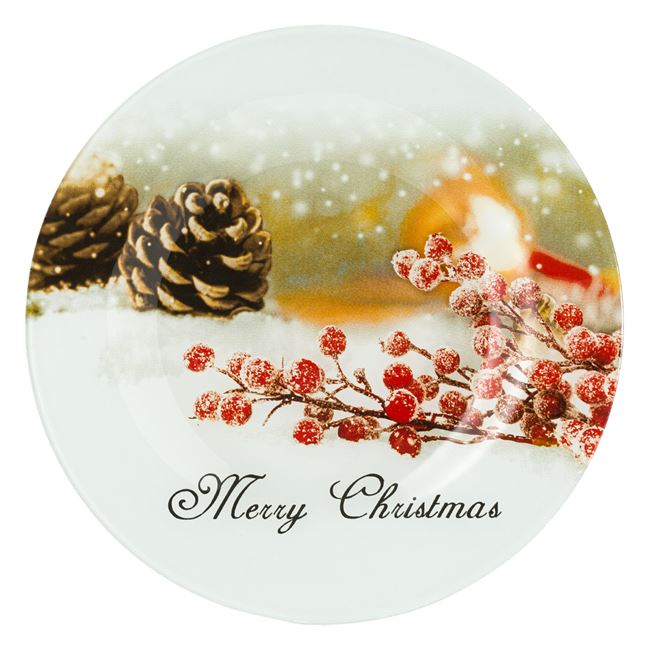 Platou pentru servire imprimeu merry christmas ,rotund,sticla,alb,26 cm
