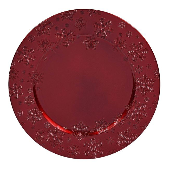 Platou rotund decorativ cu model fulg de nea,rosu,plastic,33 cm