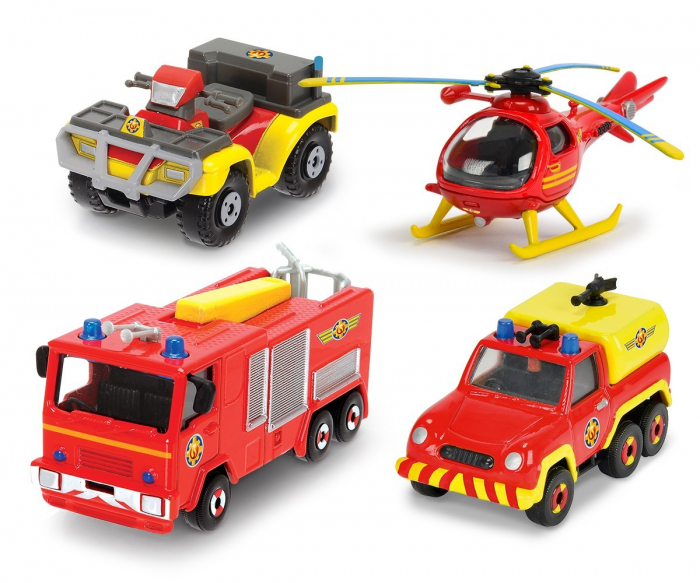 Pompierul Sam Set 4 Vehicule Metal cu Elicopter 1:64