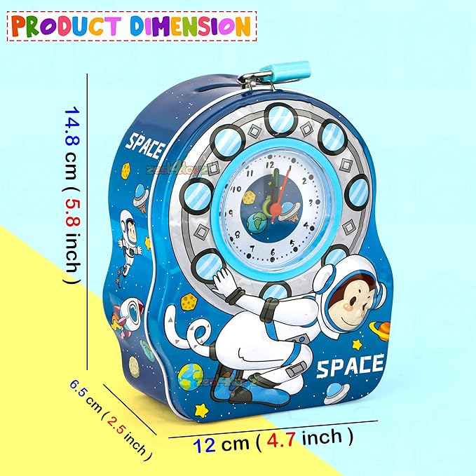 Pusculita metalica pentru monede cu ceas incorporat, design maimutica,albastru [3]