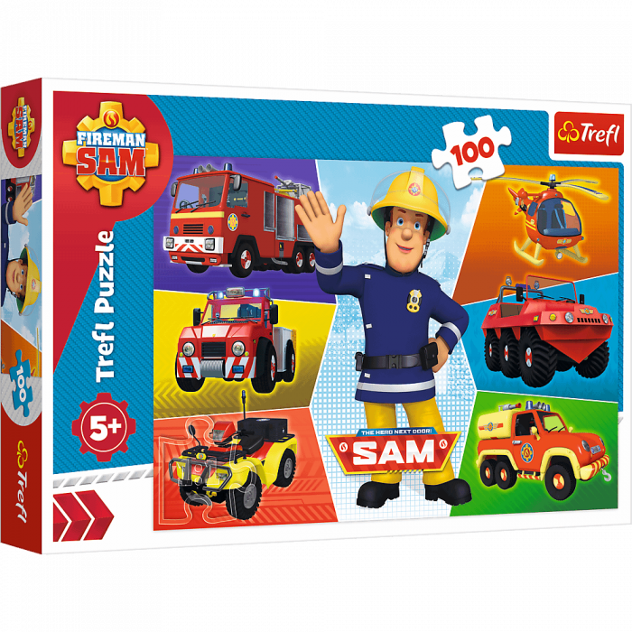 Puzzle carton 100 piese Pompierul Sam cu vehicule,+5 ani