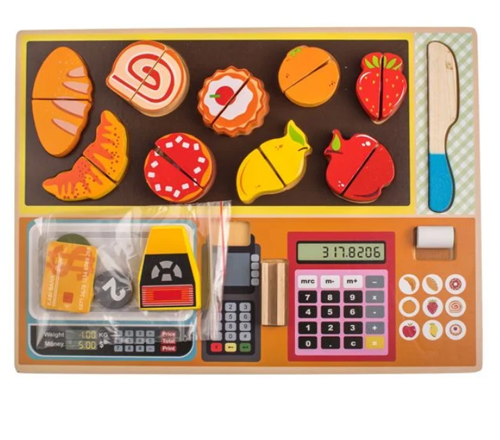 Puzzle din lemn 3D Alimente si casa de marcat, cu cutit si accesorii, 30x22 cm, 3 ani+