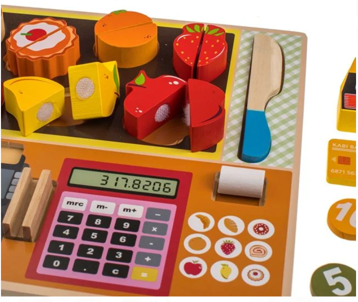 Puzzle din lemn 3D Alimente si casa de marcat, cu cutit si accesorii, 30x22 cm, 3 ani+ [3]