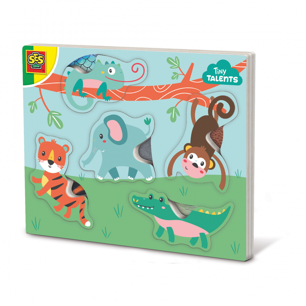 Puzzle din lemn cu animale si texturi tactile, jucarie educativa pentru copii mici