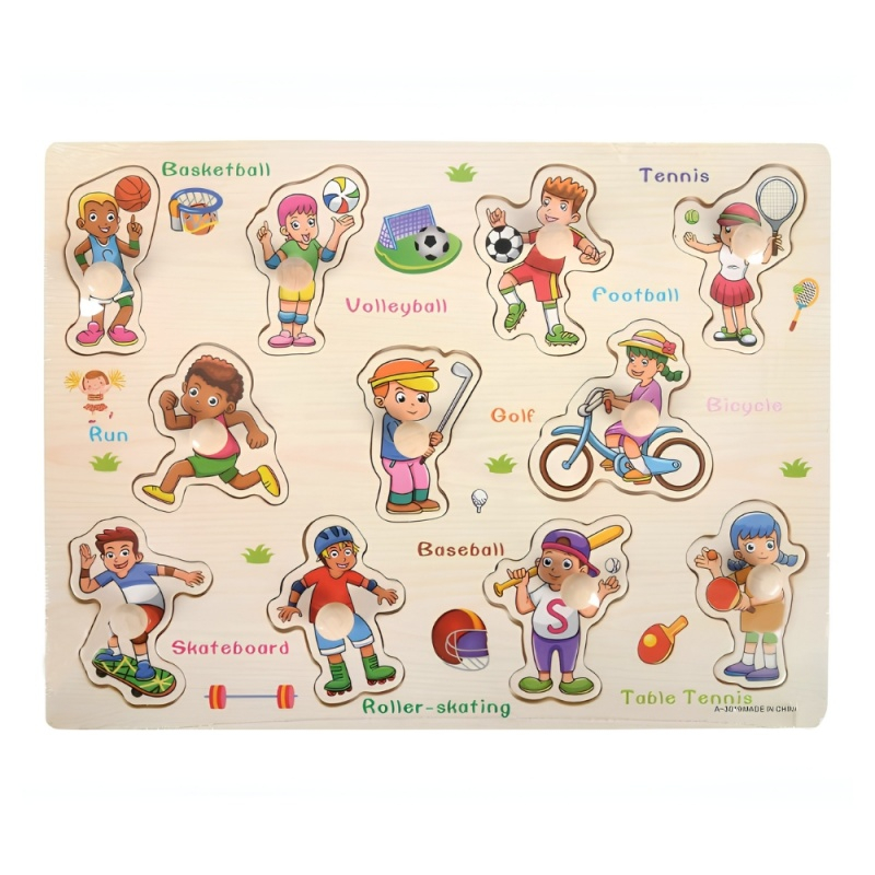Puzzle din lemn cu butoni Activitati sportive, 11 piese, format A4, 2 ani+