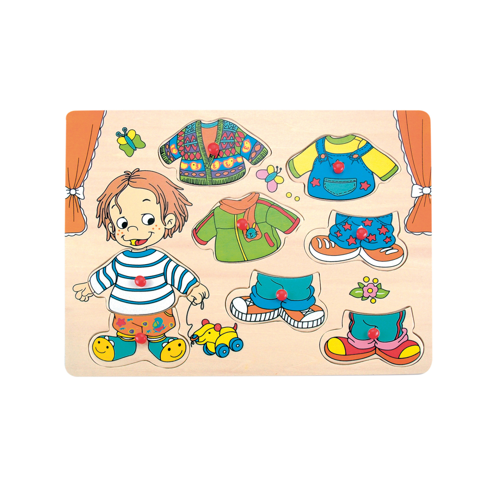 Puzzle din lemn cu butoni – Îmbracă-l pe Sebastian, joc educativ [2]
