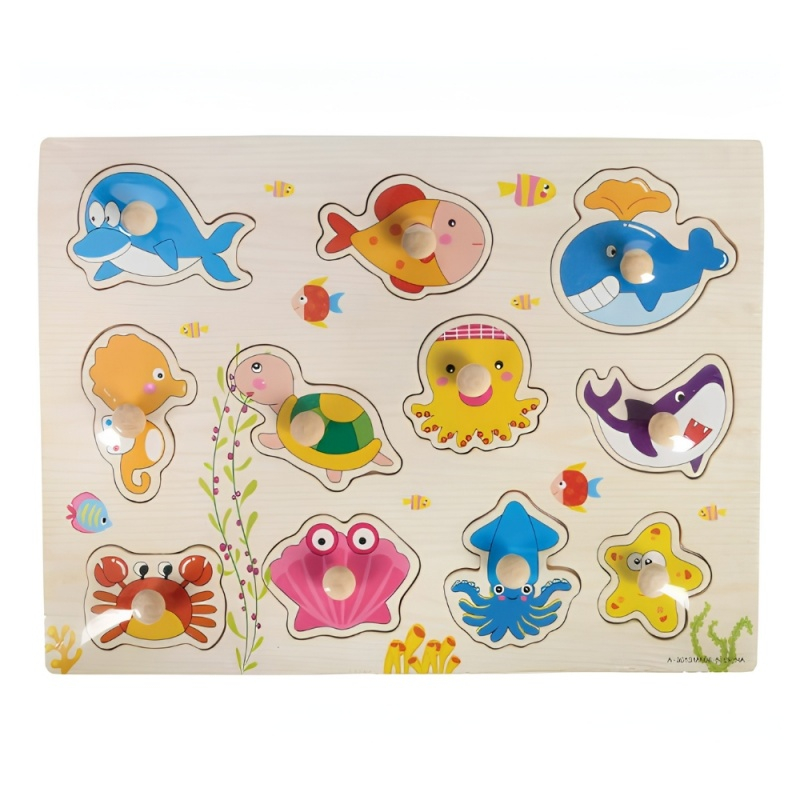 Puzzle din lemn cu butoni Vietati marine, 11 piese, format A4, 2 ani+