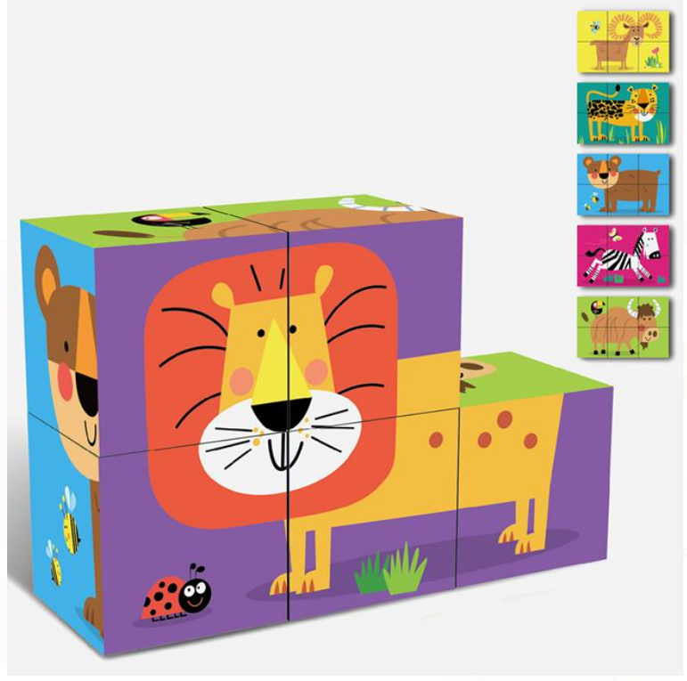 Puzzle din lemn cu cuburi Animale din Jungla, 6 piese, 21.5x18x6.5 cm [2]