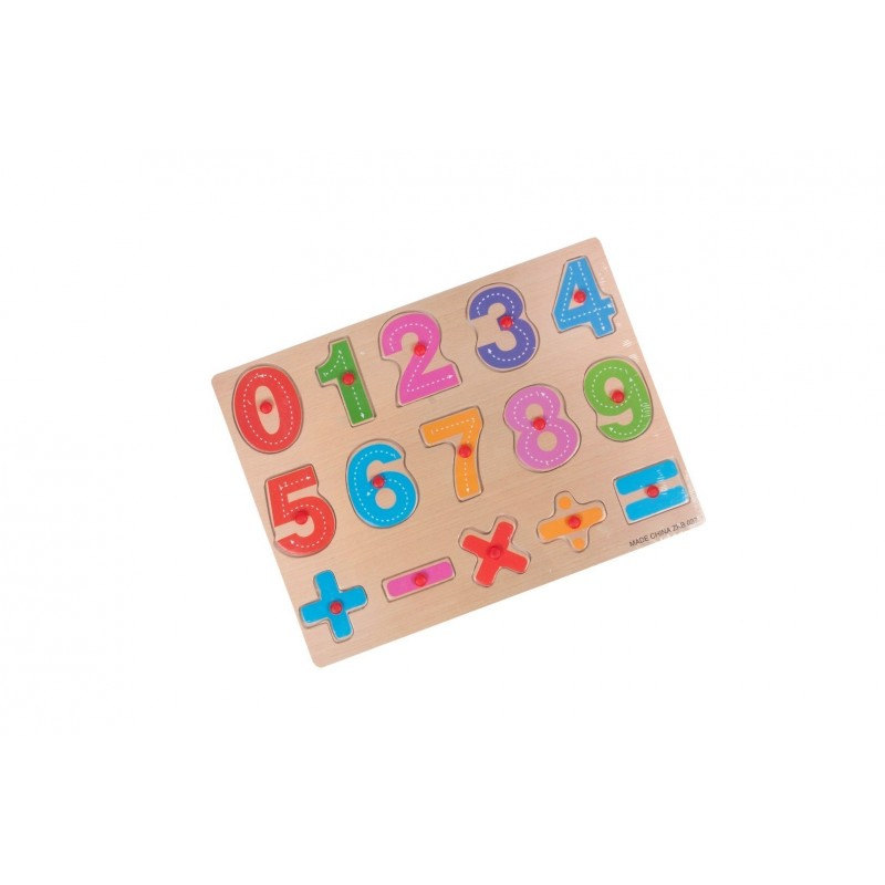 Puzzle din lemn educativ cu butoni Invata cifrele 0-9 si semne matematice, 15 piese [2]