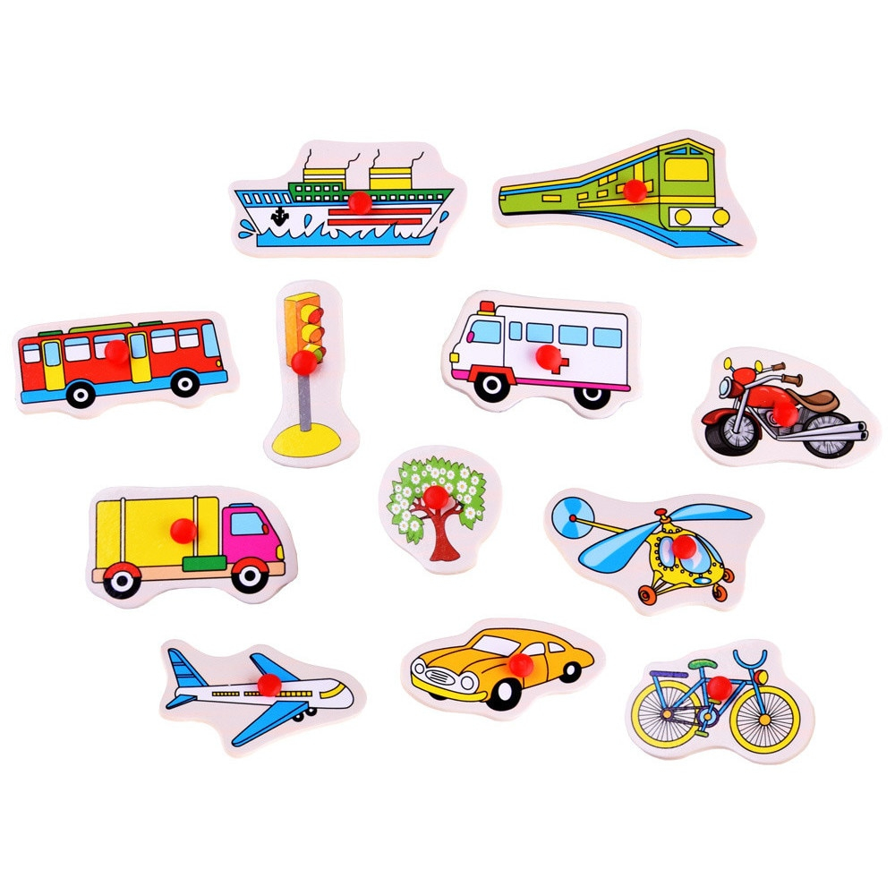 Puzzle din lemn educativ cu butoni Mijloace de transport si obiecte, 12 piese [3]