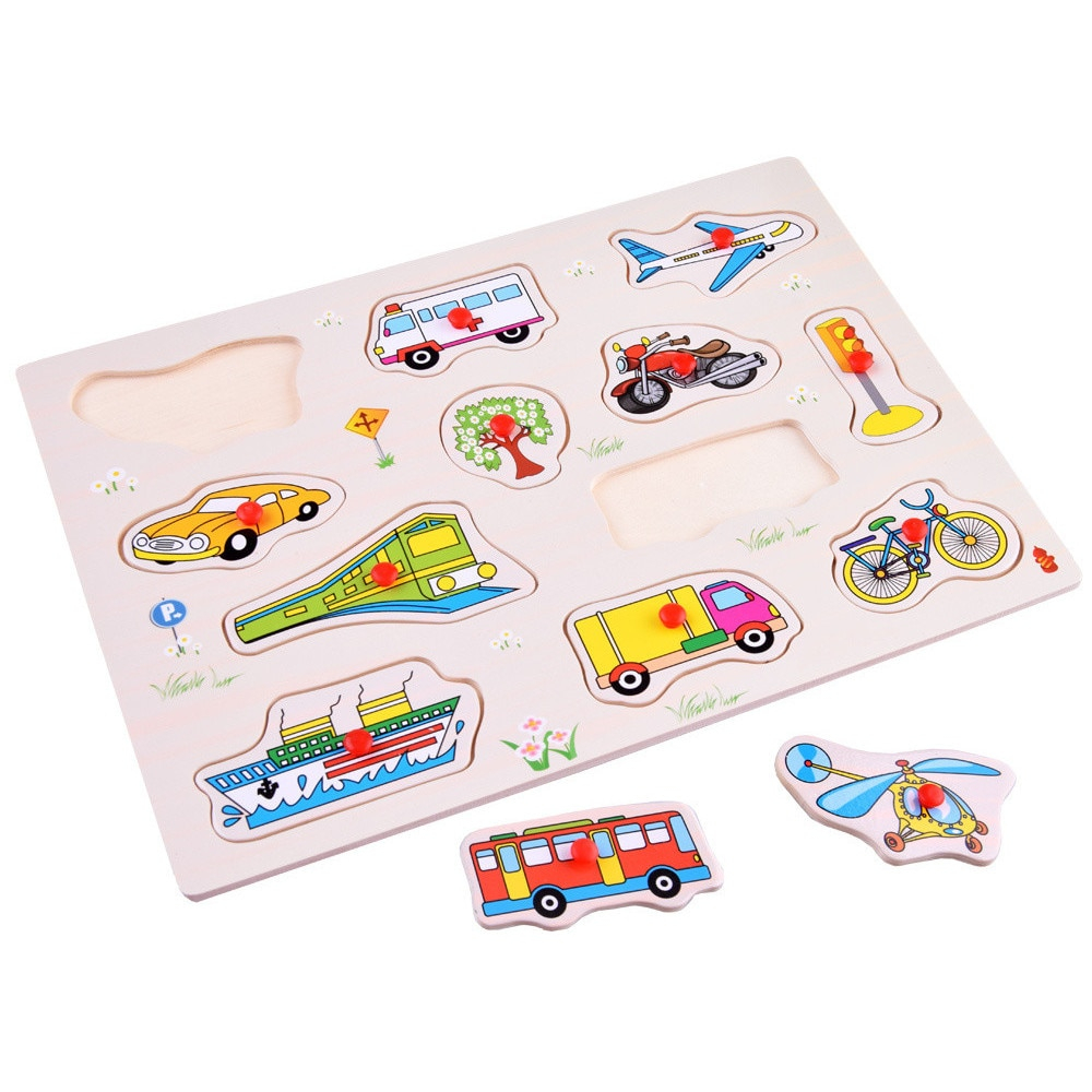Puzzle din lemn educativ cu butoni Mijloace de transport si obiecte, 12 piese [4]