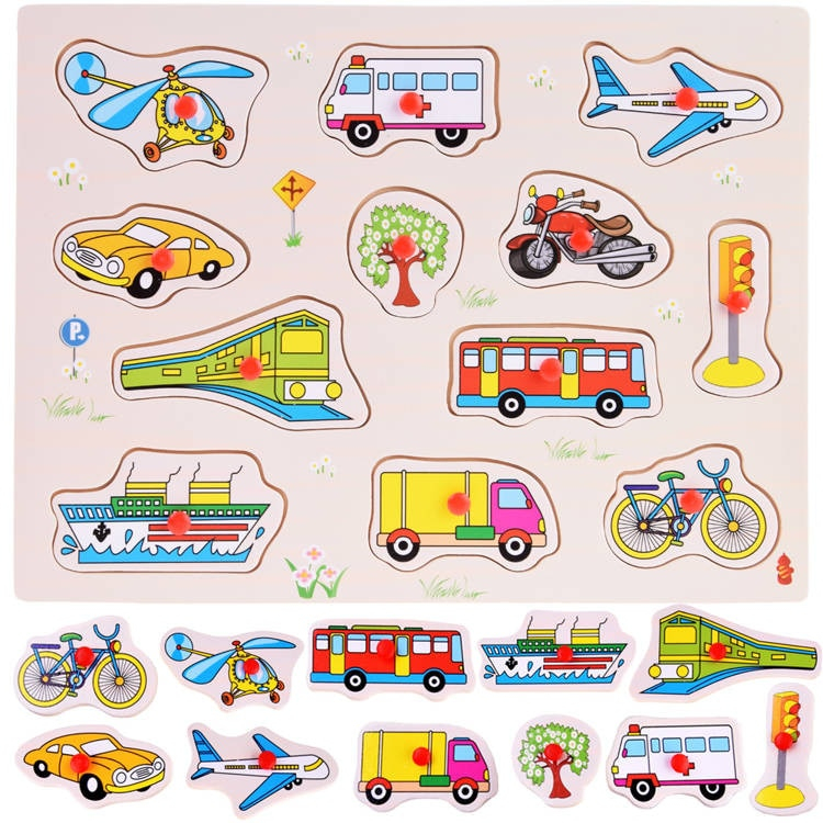 Puzzle din lemn educativ cu butoni Mijloace de transport si obiecte, 12 piese [2]