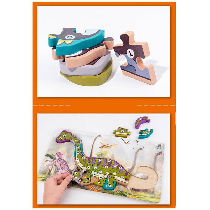 Puzzle dinozaur 3D incastru din lemn cu litere, 40x22 cm [2]