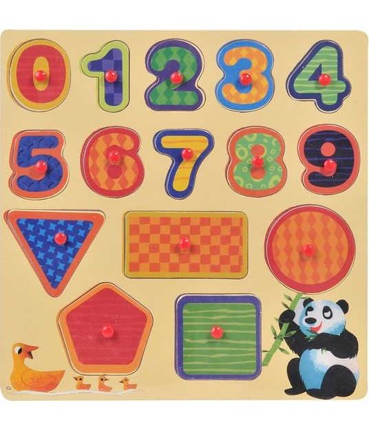 Puzzle incastru cu butoni din lemn numere si forme geometrice-15 piese