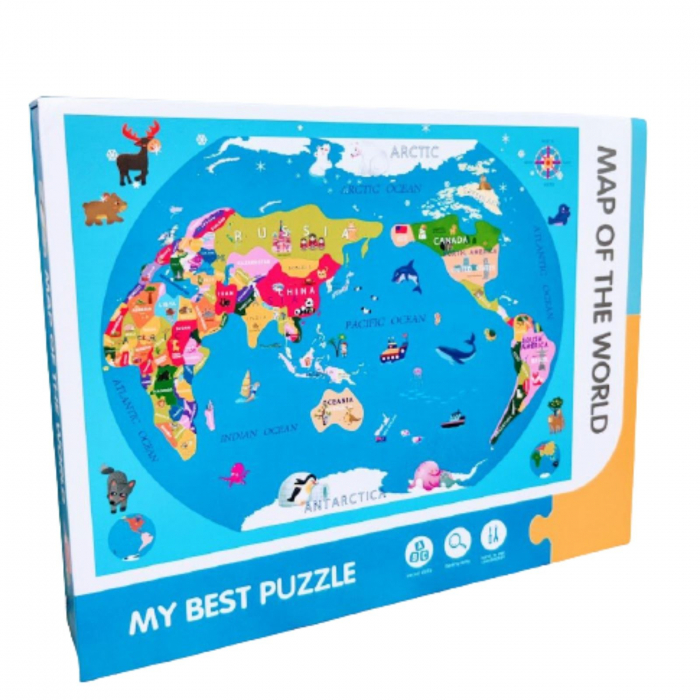 Puzzle magnetic tip carte harta lumii,cifre si litere,+5 ani
