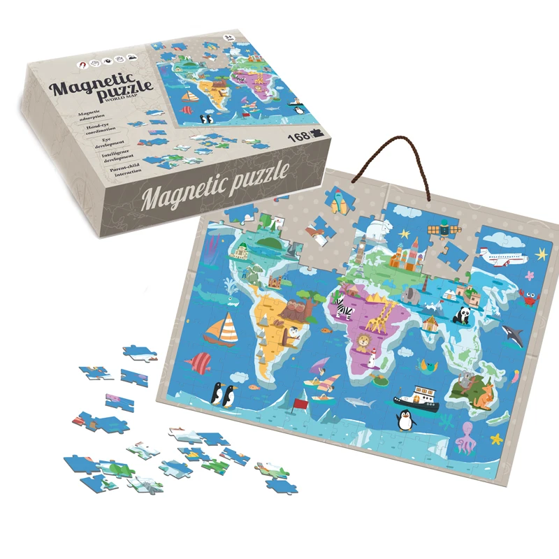 Puzzle magnetic tip tablita harta lumii cu animale, 168 piese, snur agatare pe perete, multicolor, 41x55 cm [2]