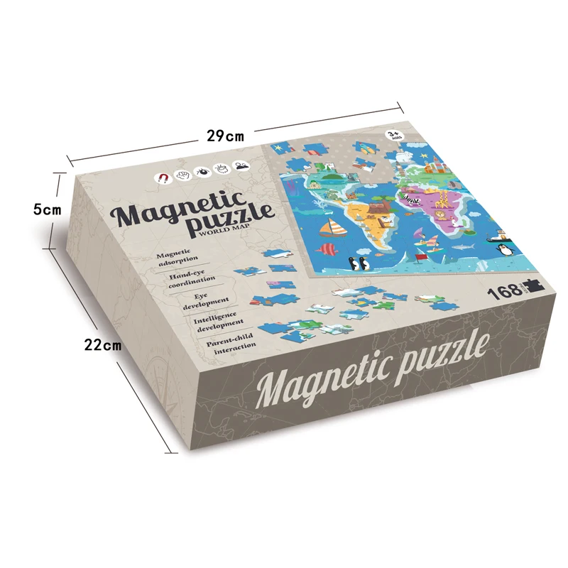 Puzzle magnetic tip tablita harta lumii cu animale, 168 piese, snur agatare pe perete, multicolor, 41x55 cm [7]
