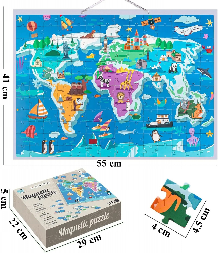 Puzzle magnetic tip tablita harta lumii cu animale, 168 piese, snur agatare pe perete, multicolor, 41x55 cm [3]